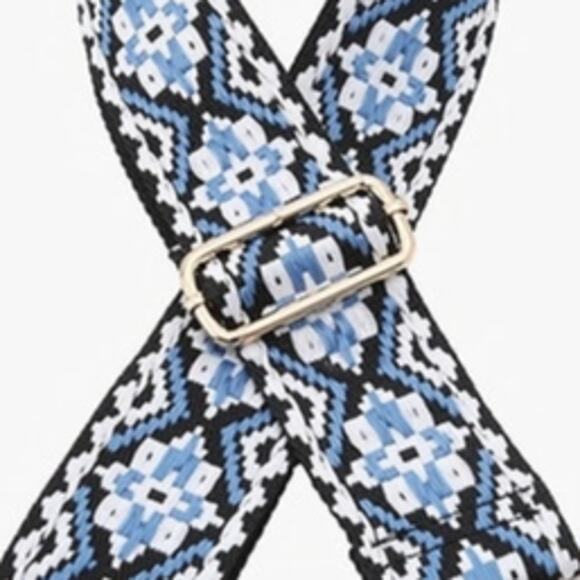 Boho Tribal Adjustable Crossbody Bag Purse Guitar Strap Black Blue - Picture 2 of 2